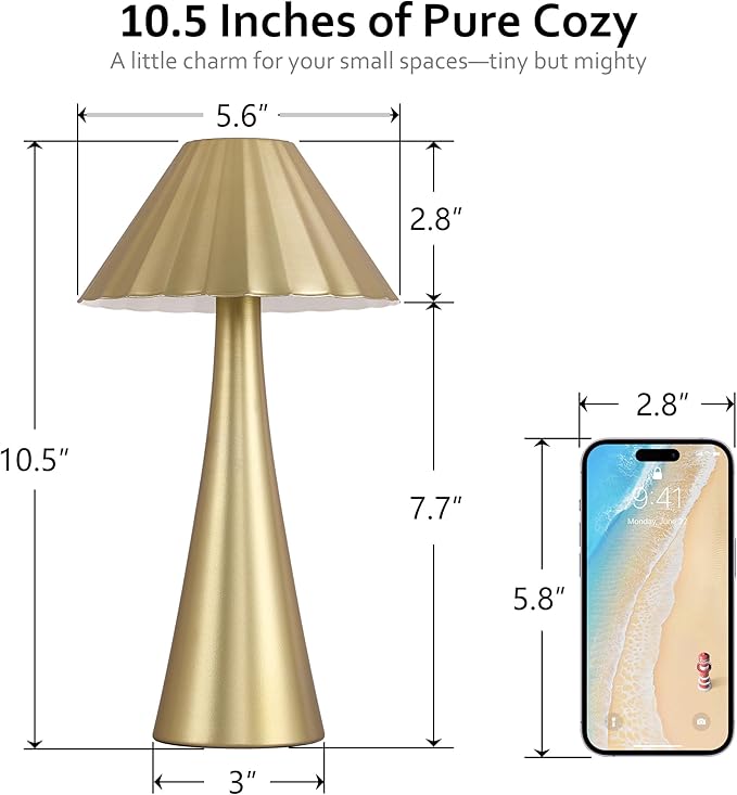 Cordless Rechargeable Table Lamps, Metal LED Desk Lamp with Top Touch Control & Stepless Dimming, Portable Battery-Operated Bedside Lamp for Bedroom, Living Room, Office, Café, Outdoor(Gold)
