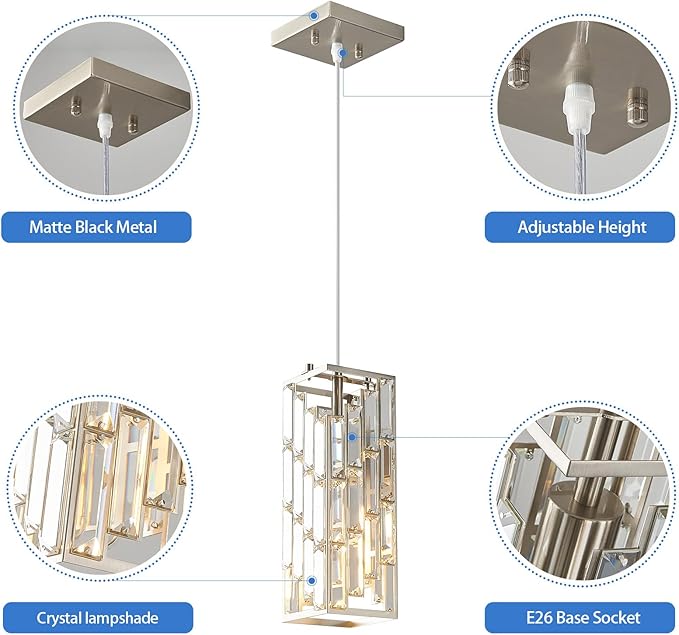 Brushed Nickel Pendant Lighting Modern Pendant Light, Mini Crystal Chandeliers, Adjustable Pendant Light Fixture for Kitchen Island Dinning Room Bedroom (3 Pack)