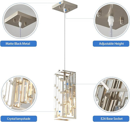 Brushed Nickel Pendant Lighting Modern Pendant Light, Mini Crystal Chandeliers, Adjustable Pendant Light Fixture for Kitchen Island Dinning Room Bedroom (3 Pack)