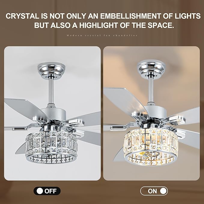 Chandelier Ceiling Fans with Lights and Remote,Caged Ceiling Fan with Light,App 5 Blades E26 Fandelier Ceiling Fans with Lights,Crystal Ceiling Fan for Bedroom,Living Room. (Nickel, 42 Inch)