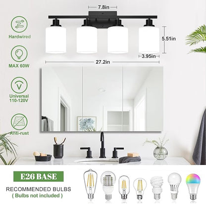MOKATNG 4-Light Bathroom Light Fixtures, Vanity Light with Milky White Shades, Matte Black Bathroom Light Fixtures Over Mirror, Modern Bathroom Wall Lamp for Mirror Living Room Cabinet Bedroom