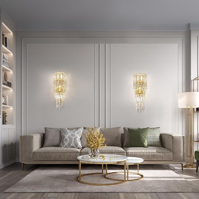 Modern K9 Crystal Wall Sconce, Gold Finish Wall Light Fixture, Acrylic Crystal Drops Wall Lamp Bedside Light 3 Tiers Crystal Wall Lamp for Bedroom Living Room，E12 Base