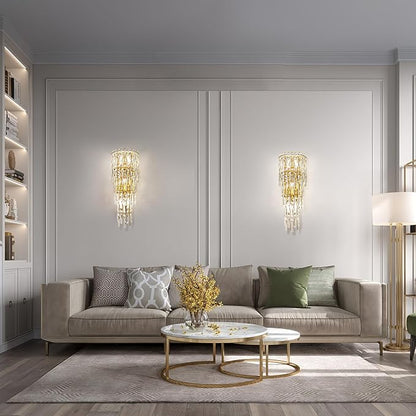 Modern K9 Crystal Wall Sconce, Gold Finish Wall Light Fixture, Acrylic Crystal Drops Wall Lamp Bedside Light 3 Tiers Crystal Wall Lamp for Bedroom Living Room，E12 Base
