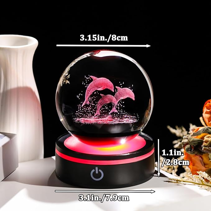 YWHL 3D Dolphin Figurine Crystal Ball with Colorful Light Base, Laser Dolphin Gifts for Women Men on Christmas Birthday, Glass Dolphins Statue Animal Collectible Decoration for Home Office (80mm)