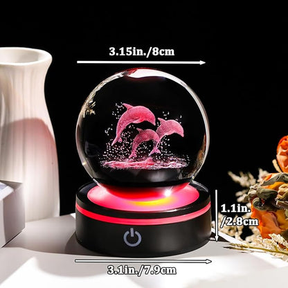 YWHL 3D Dolphin Figurine Crystal Ball with Colorful Light Base, Laser Dolphin Gifts for Women Men on Christmas Birthday, Glass Dolphins Statue Animal Collectible Decoration for Home Office (80mm)