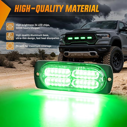 Nilight 4PCS 24LED Emergency Strobe lights 12V 24V Green Surface Mount Grille Hazard Safety Warning Light Sync Feature Side Flashing Marker Flash for Car Truck Campers