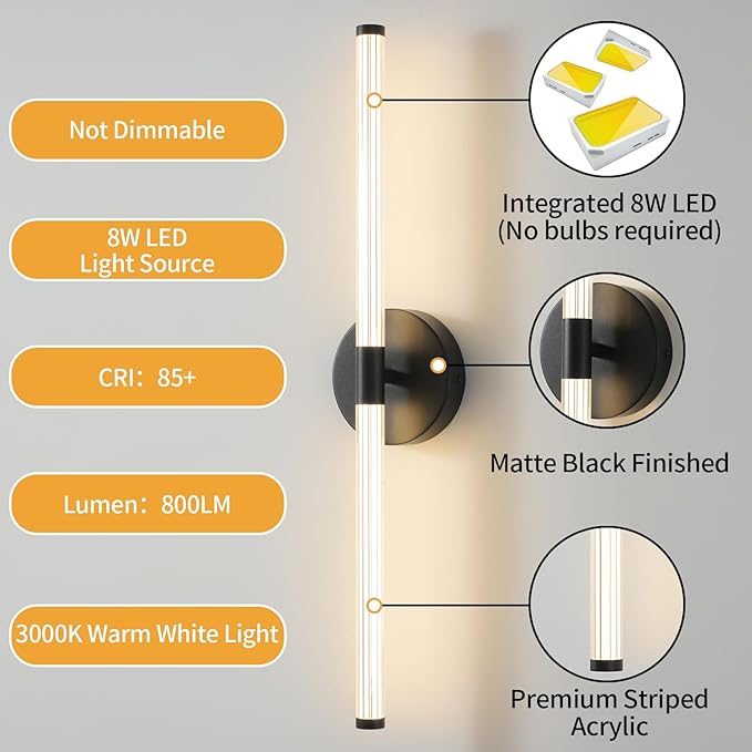 KUZZULL Wall Sconces Set of Two Matte Black LED Wall Lights Modern Linear Sconces Lighting Indoor Sconces Wall Decor Set of 2 Mounted Lamp for Living Room Wall Scones, Wall Lights Set of 2