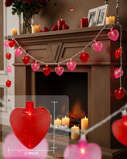 SUNSGNE Heart String Lights, 8.5Ft Valentines Lights with 10 LED Red and Pink Heart Bulbs for Indoor Outdoor Home Room Party Wedding Mother's Day Valentine's Decor