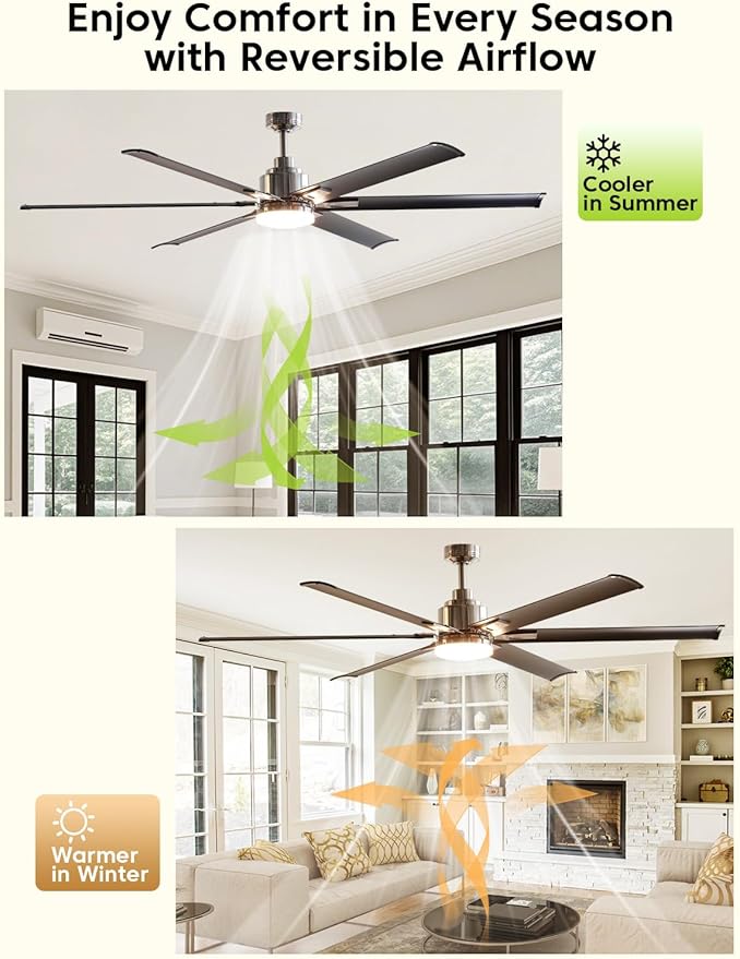 72-Inch DC Motor Ceiling Fan with LED Light, 6 Black Aluminum Blades, Remote Control, Reversible, Energy Efficient Large Indoor/Outdoor Ceiling Fan for Living Room, Patio