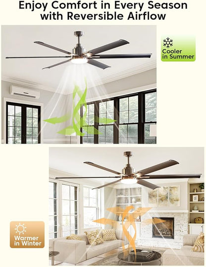 72-Inch DC Motor Ceiling Fan with LED Light, 6 Black Aluminum Blades, Remote Control, Reversible, Energy Efficient Large Indoor/Outdoor Ceiling Fan for Living Room, Patio