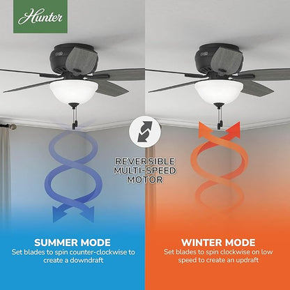 Hunter 52 inch Indoor Ceiling Fan with LED Light - Black Ceiling Fan with Pull Chain, For Bedroom or Living Room, Low Profile Flush Mount, 5 Blades, Includes Bulbs - Newsome 52396, Matte Black
