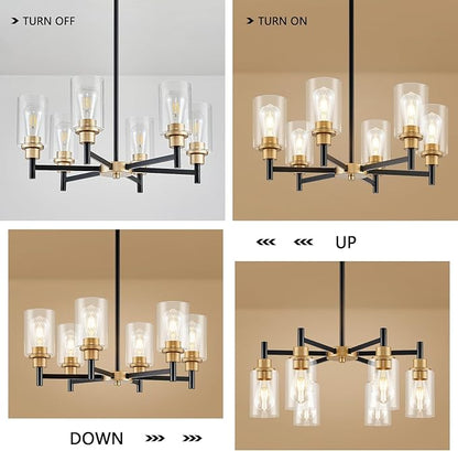 6-Light Modern Chandeliers, Black and Gold Chandelier Light Fixture with Clear Glass Shades, Hanging Pendant Lighting for Dining Room, Living Room, Kitchen, Staircase, Entryway
