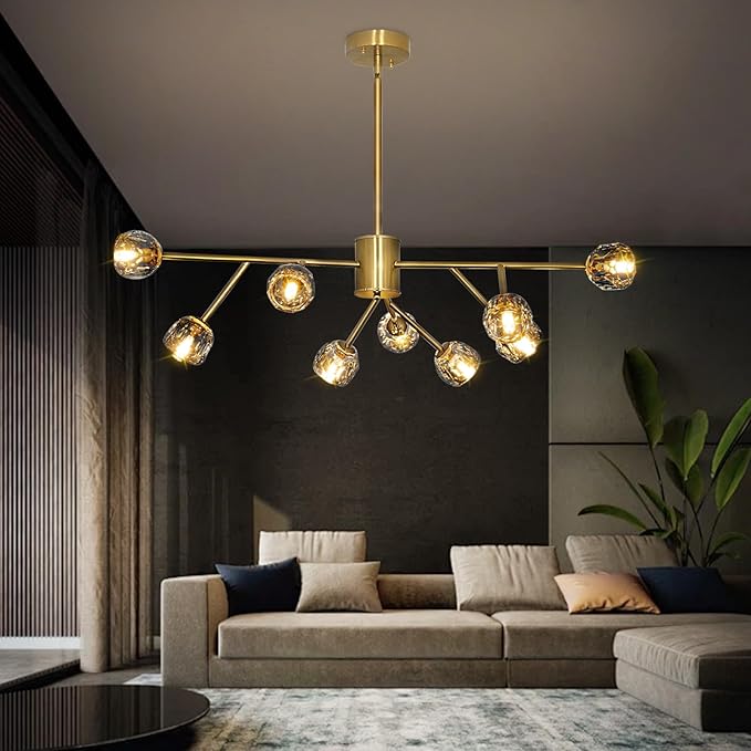 Depuley Modern Gold Sputnik Chandelier: 9-Light Crystal Glass Chandelier for Dining Room - Kitchen Table Light Fixture Mid Century Hanging Lamp Height Adjustable for Foyer (Included G9 Bulbs)