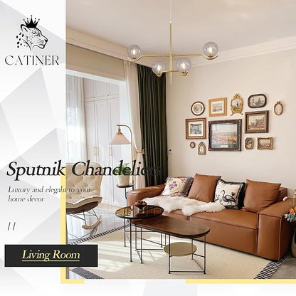 CATINER Gold Sputnik Chandelier, Large Modern 4 Lights L31 '' Mid Century Long Ceiling Pendant Light Fixture with Smoke Glass Globe Shades for High Ceiling Living Dining Room Foyer Bedroom