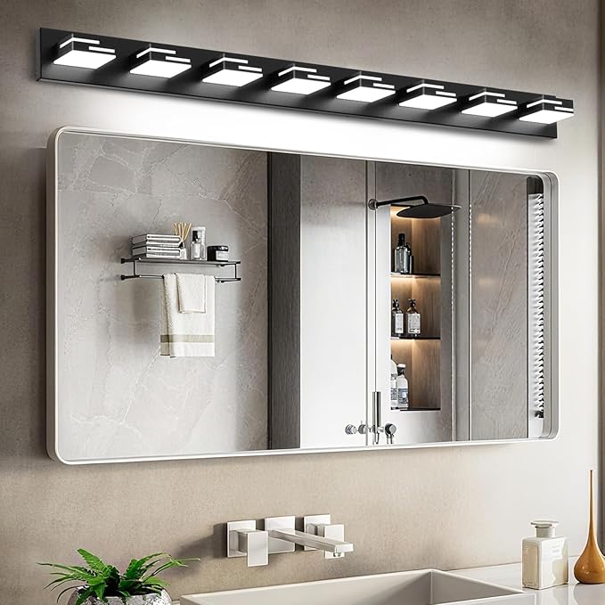 LED Modern Bathroom Vanity Light Fixtures, 8-Light 55-inch Dimmable Matte Black Vanity Lights for Bathroom Lighting Fixtures Over Mirror, with 360° Rotatable Acrylic Heads (Cool White 6000K)