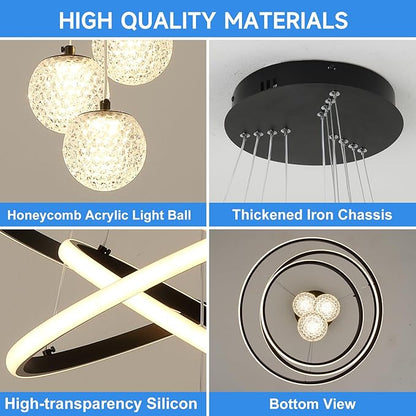 ORANOOR LED Modern 3 Ring Chandeliers for Dining Room, 24in Dimmable Kitchen Pendant Lamp, Black Dining Room Light Fixtures Ceiling Hanging Over Table, Globe Round Chandeliers for Living Room Bedroom