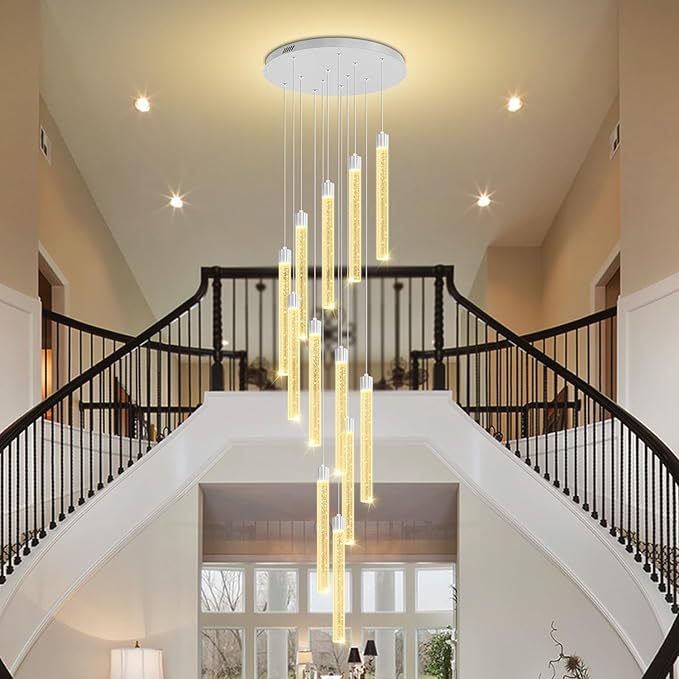 118'' Modern Glam Crystal Column Chandelier for High Ceiling LED Dimmable Pendant Light Staircase Foyer Enterway Living Room Ceiling Chandelier Lighting Silver 12 Lights