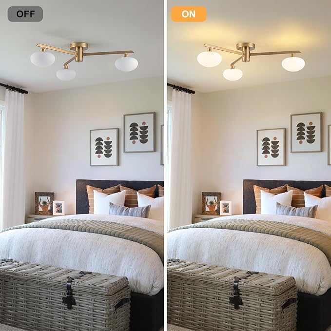 3-Light Mid Century Modern Ceiling Light 22.5" Gold Semi Flush Mount Ceiling Light with Milk Glass Shade for Bedroom, Entryway, Hallway, Kitchen lsland, Dining Room & Living Room