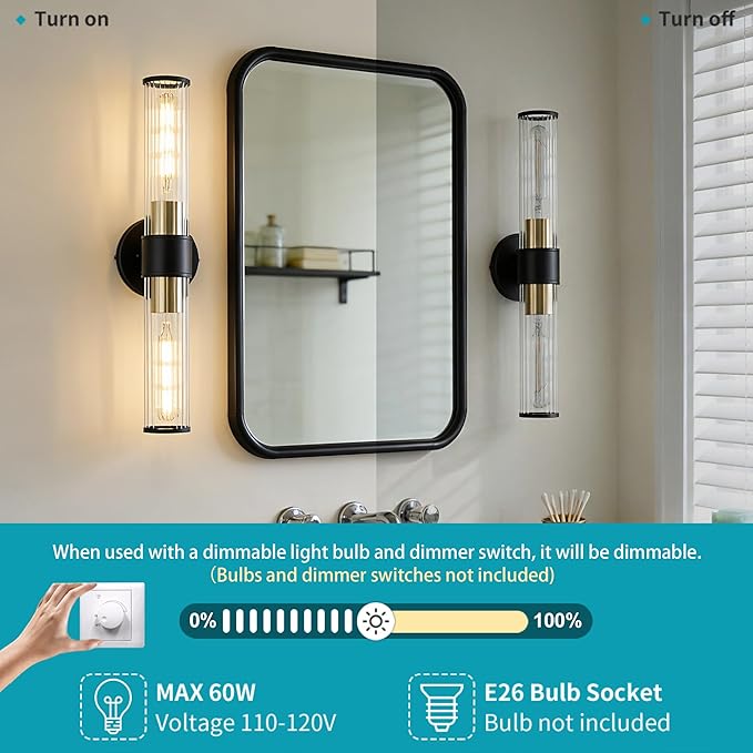 Bathroom Light Fixtures 2 Pack Hardwired, Black Gold Wall Sconce Threaded Glass Vanity Light Featuring Two E26 sockets, Bathroom Wall Light Dimmable - Bulb Not Included, UL Certification