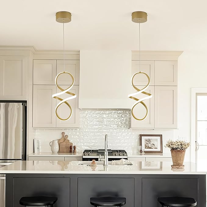 MAYNA Spiral Kitchen Pendant Lighting, 4000K Modern LED Pendant Light Fixture, 18W Adjustable Height Island Light Fixture for Kitchen Bedroom Kitchen Island Cafe, 1 Pack (Gold)
