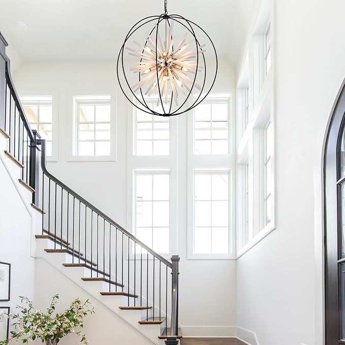 31.5" Black Gold Large Globe Sputnik Chandelier, 12-Light Mid Century Modern Industrial Starburst Golden Satellite Light Fixture for High Ceiling Living Room Dining Room Foyer Stairway,E12