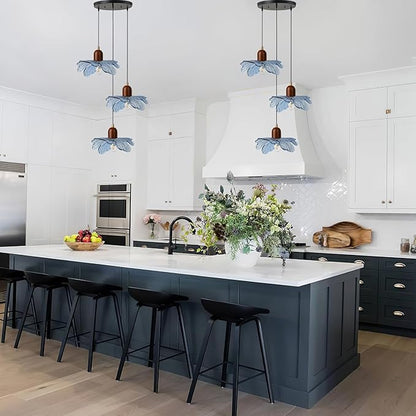 Modern Minimalist Blue Flower Glass Cluster Chandelier, Wood Accent Adjustable 3-Light Pendant Light for Kitchen Island, Apartment Living Room, Entryway, Breakfast Nook
