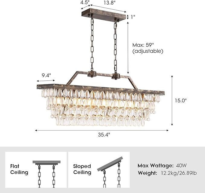 7PM Crystal Chandelier for Dining Room, 35 Inch Antique Bronze Chandelier, 7 Lights Rectangle Chandelier, Farmhouse Kitchen Island Lighting Hanging Light Fixture for Living Room, Entryway