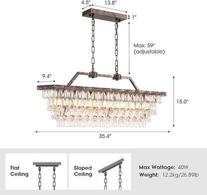 7PM Crystal Chandelier for Dining Room, 35 Inch Antique Bronze Chandelier, 7 Lights Rectangle Chandelier, Farmhouse Kitchen Island Lighting Hanging Light Fixture for Living Room, Entryway
