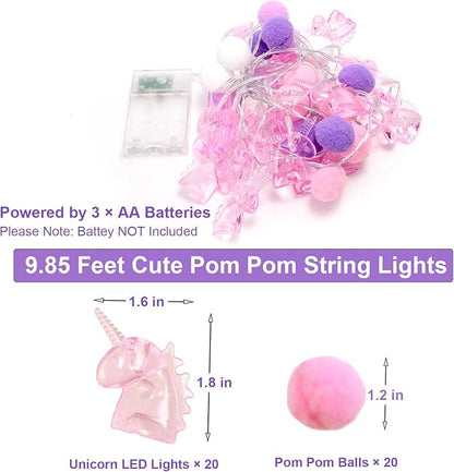 9.85FT Unicorn Decor String Lights with 20 Cute PomPoms 20 Pink Unicorn LED Lights Battery Operated with Timer Decor for Kids Bedroom Birthday Party Kids Playhouse Christmas Home Room Decorations