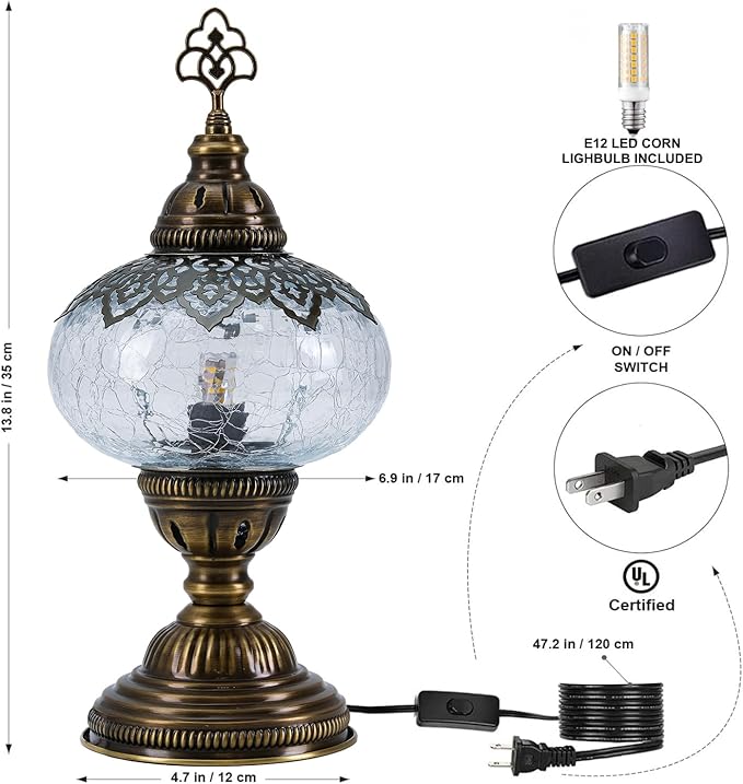 Cracked Clear Moroccan Mosaic Table Lamp – Handmade Turkish Glass, Light Bulb Included, Boho Chic Bedside & Living Room Accent