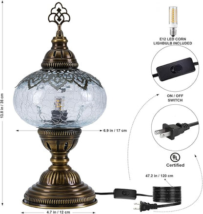 Cracked Clear Moroccan Mosaic Table Lamp – Handmade Turkish Glass, Light Bulb Included, Boho Chic Bedside & Living Room Accent