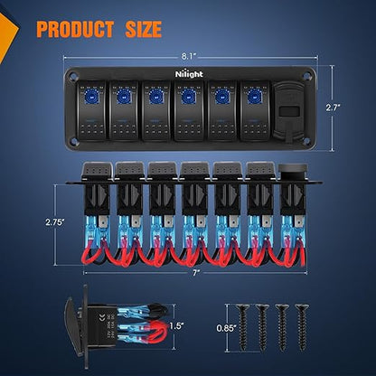 Nilight 6 Gang Rocker Switch Panel with PD Type C and USB Charger Voltmeter 12V SPST ON Off w/Blue Backlit Waterproof Aluminum Toggle Switches for Boats Cars RVs Trucks