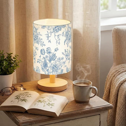 VIHOSE Blue Floral Kids Table Lamp for Bedroom Kids Bedside Lamp with Linen Wooden Nightstand Cartoon Nursery Lampshade for Girls Boys Living Room