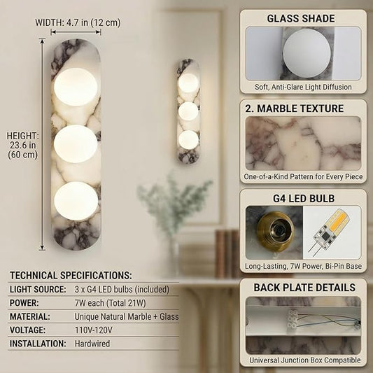 Natural Marble Wall Sconces, 3-Light Alabaster Light, Hardwired Wall Light Fixtures, Modern Wall Mount Wall Lights for Dining Room Stairs Bedroom