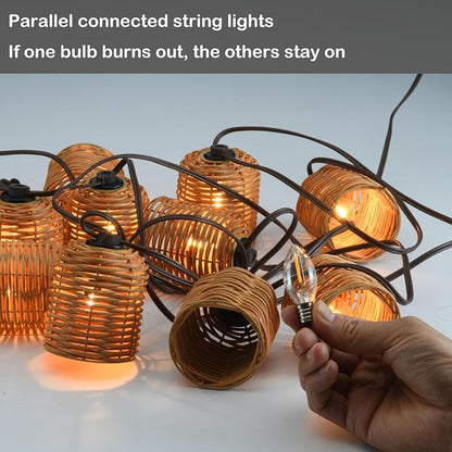 Natural Rattan String Lights, 10 Rustic Raffia Cage, 13 Ft Plug in & Connectable Wicker Lights,Natural Color Rattan