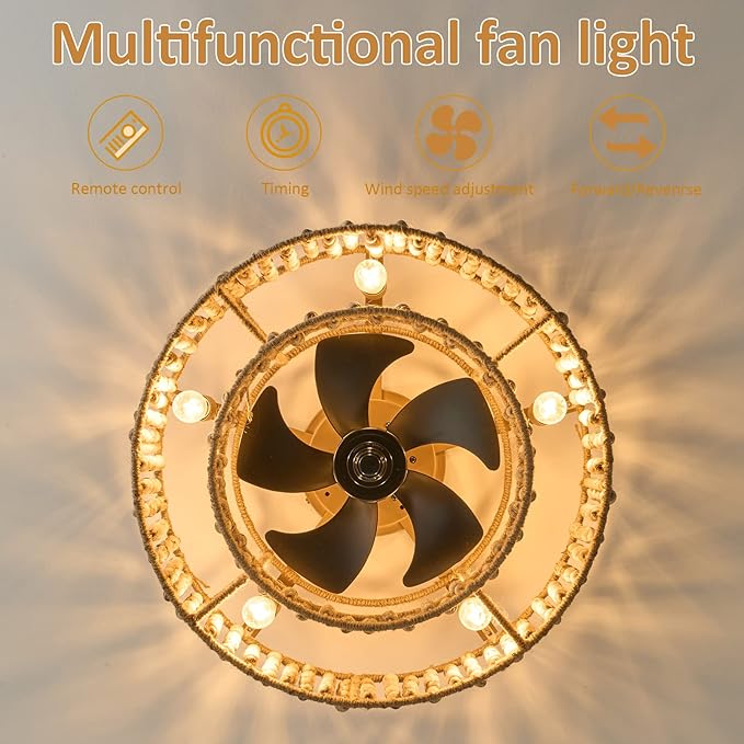 ainqiant Boho Caged Ceiling Fans with Lights, 20 Inch Rustic Wood Beaded Ceiling Fan with Light Remote Control,Coastal Flush Mount 6 Speeds for Bedroom, Nursery