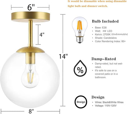 Gold Semi Flush Mount Ceiling Light Globe Ceiling Light Brass Finish with Clear Glass Shade, Contemporary Mid Century Modern Style Lighting for Hallway Living Room Bedroom Storage Kitchen (Bulb Incl.)