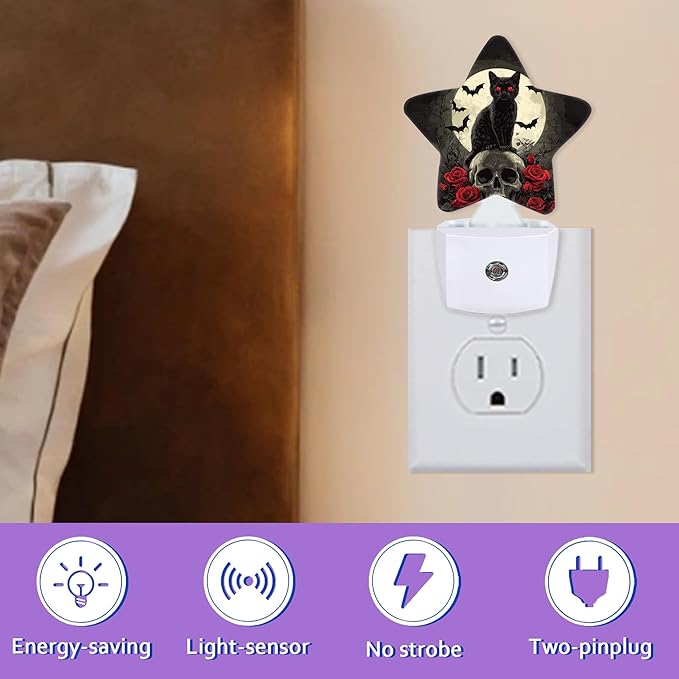 Gothic Black Cat Night Light for Kids,Halloween Skull Bat Rose Flower Night Lights Plug Into Wall, Lightweight Dusk To Dawn Light Sensor Warm Nightlights for Girls Boys Bedroom Nursery Basement