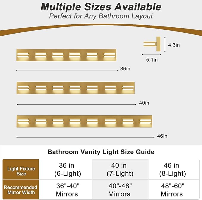 IZORRO LED Modern Bathroom Lights Fixtures(7-Light,Dimmable,360°Rotate),Brushed Glod Acrylic Wall Lighting,Vanity Lights for Bathroom Over Mirror - 6000k 40In （No Assembly Required）