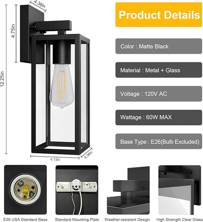 Kalium Porch Lights Outdoor Wall Light Fixture 2pcs, Matte Black, Wall Sconce 12.4 in, Toughened Frame, Clear Glass Shade, Waterproof Lanterns, for Patio, Exterior, Front, Door, Entryway