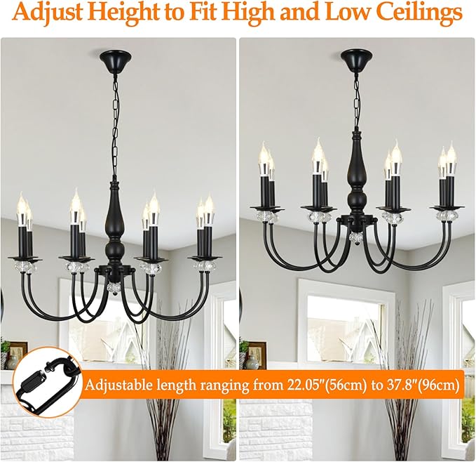 Black Chandelier, 8-Light Farmhouse Candle Chandelier for Living Room, Rustic Industrial Pendant Chandeliers for Dining Room, Vintage Crystal Hanging Light fixture for Hallway Kitchen Foyer E12