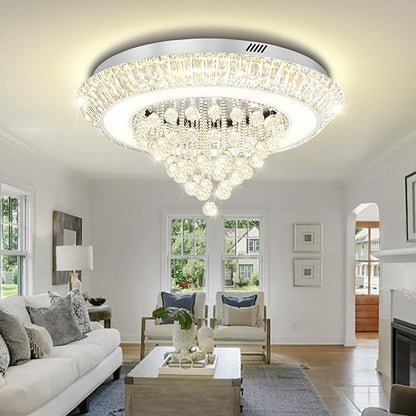 Modern LED Crystal Chandelier, Large Round Raindrop Chandelier for Living Dining Room 32in Chorme Flush Mount Ceiling Light Kitchen Island Bar