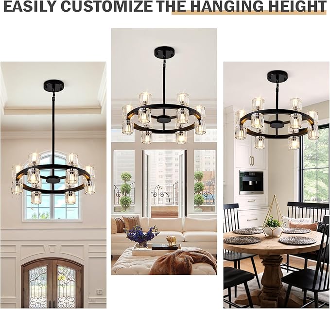 18'' Modern Large Chandelier, 12-Light Elegant Crystal Chandeliers for Dining Room, Black Farmhouse Round Wagon Wheel Pendant Lighting Fixture with Glass Shade for Living Room High Ceilings Entryway