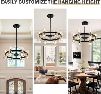 18'' Modern Large Chandelier, 12-Light Elegant Crystal Chandeliers for Dining Room, Black Farmhouse Round Wagon Wheel Pendant Lighting Fixture with Glass Shade for Living Room High Ceilings Entryway