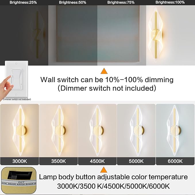 Gold Wall Sconce Modern Wall Lighting LED Dimmable Wall Lamp for Living Room Hallway Bathroom Bedroom 22.4In