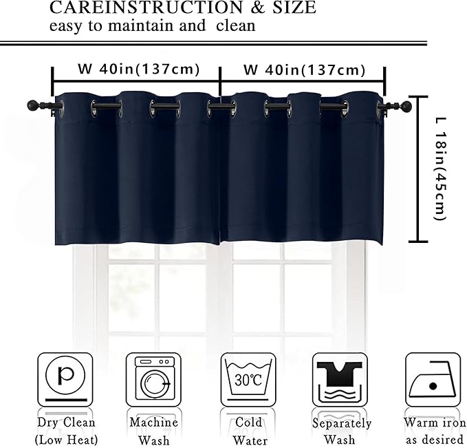 Simplebrand Navy Blue Kitchen Valances for Windows 18 Inches Long 2 Pack, Room Darkening Window Valances for Living Room, Grommet Short Straight Drape Kitchen Curtains for Bedroom Kids Room, 40Wx18L