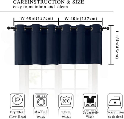 Simplebrand Navy Blue Kitchen Valances for Windows 18 Inches Long 2 Pack, Room Darkening Window Valances for Living Room, Grommet Short Straight Drape Kitchen Curtains for Bedroom Kids Room, 40Wx18L