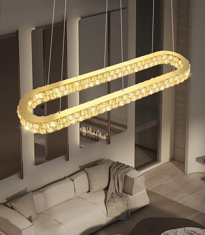47'' Modern Oval Chandelier Crystal Chandeliers for Dining Room Round Ceiling Light Fixture for Living Room Lighting LED Dimmable with Remote Ring Lights Gold