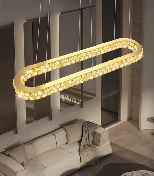 47'' Modern Oval Chandelier Crystal Chandeliers for Dining Room Round Ceiling Light Fixture for Living Room Lighting LED Dimmable with Remote Ring Lights Gold