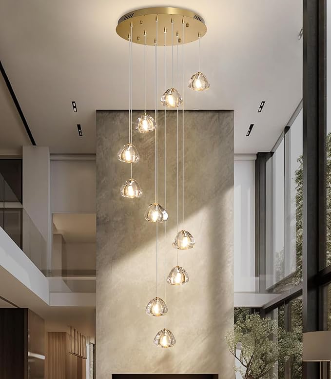 HAIXIANG Glam Chandelier with LED Dimmable Bulbs Bubble Crystal Balls Glam Chandeliers High Ceiling Pendants Light Fixtures Adjustable Long Lights Gold Light